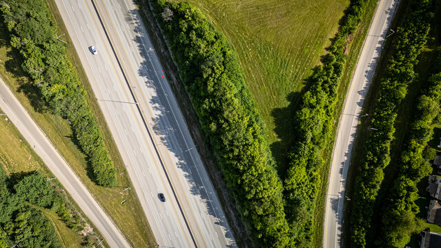 Aerial view of acceleration and deceleration lines of a highway