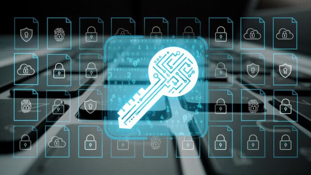 Digital security concept with a key symbol overlaid on a keyboard, representing encryption and data protection strategies in a modern technology environment. Entropy.