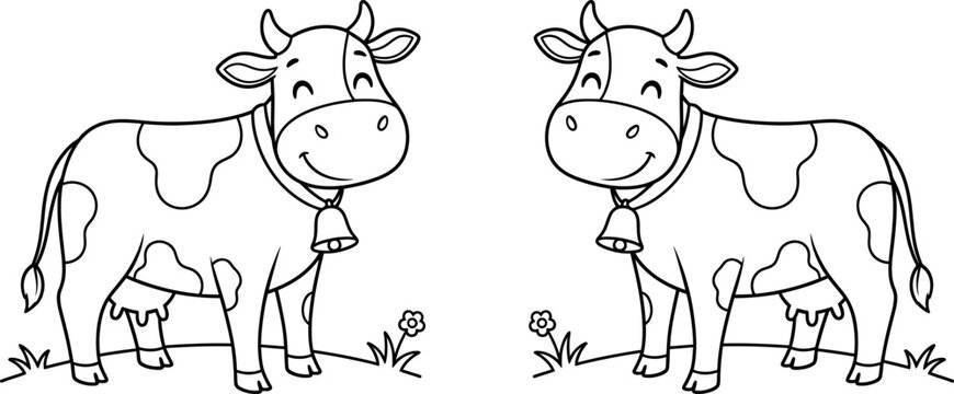 Two smiling holstein cows with bells in a simple black and white line art illustration