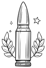 Naklejka premium Line Art Bullet with Laurel Wreaths and Stars - Symbol of Victory and Military Power