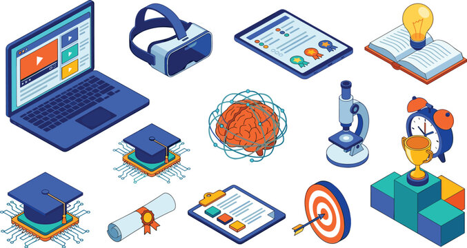 Online education technology isometric icon set for virtual reality learning science artificial intelligence university study school concept