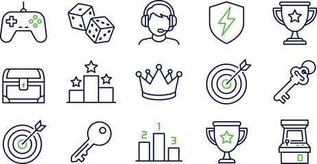 Gaming icon set for esports tournament video game achievement arcade competition championship and virtual entertainment interface element © MdNipon