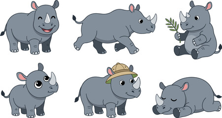 Cute rhinoceros cartoon characters set wearing safari hat running sitting holding leaf and sleeping isolated on white background vector illustration (21 words) © MdMehedi