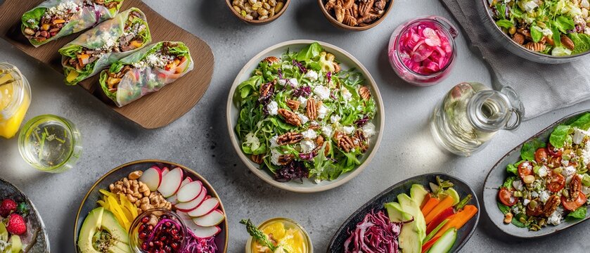 Healthy office lunch spread featuring salads, wraps, and fresh fruit bowls