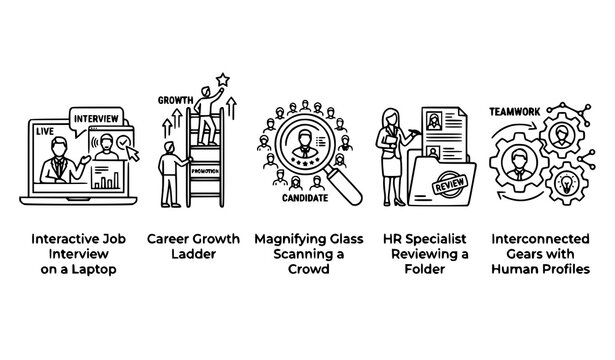 Employee search and teamwork vector icon collection for corporate hr management website user interface design