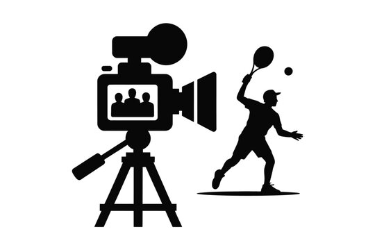 Minimalist Black Vector Icon Featuring A Professional Video Camera On A Tripod Recording A Tennis Player Who Is Actively Serving A Ball In A Dynamic Sports Match Concept Design For Broadcast Productio