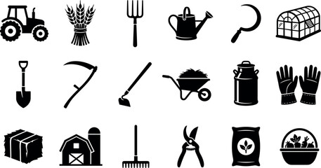 Agriculture and farming equipment solid black icon set featuring tractor tools barn and greenhouse isolated on whiteAgriculture and farming equipment solid black icon set featuring tractor tools barn  © Shaharia Shaharia