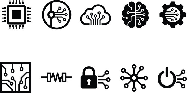 Artificial intelligence and electronics microchip circuit silhouette icons set for computing technology and generative AI design