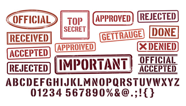 Vintage rubber stamp text collection. Important, approved, rejected, official rectangular labels, stencil alphabet font and grunge ink vectors.
