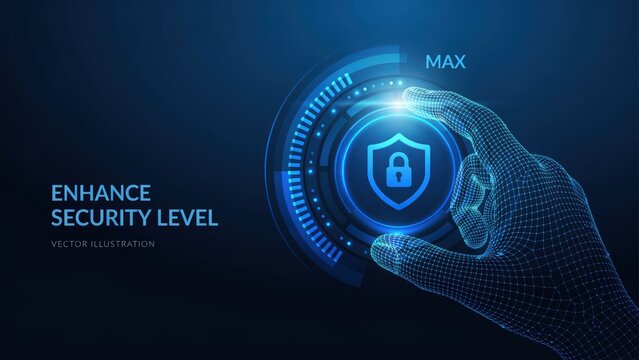 Digital security enhancement concept. Wireframe hand touching a glowing shield with lock icon on a dark blue background.