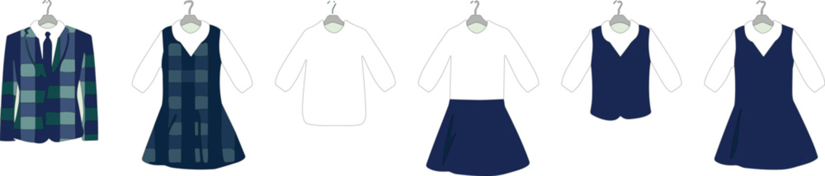 School uniform clothing collection on hangers including plaid blazer checkered pinafore dress white shirt skirt and navy vest vector icon setSchool uniform clothing collection on hangers including pla