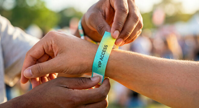 Person's hand attaching a colorful vip access wristband to another person's arm at an outdoor event or festival celebration.