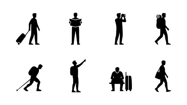 Set of traveler silhouettes portraying people with suitcases backpacks maps cameras and trekking gear for airport and tourism conceptual graphic designs.
