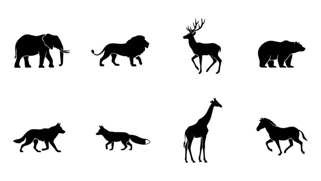 Collection of wild animal silhouettes including elephant lion deer bear wolf fox giraffe and horse on transparent background zoo safari.