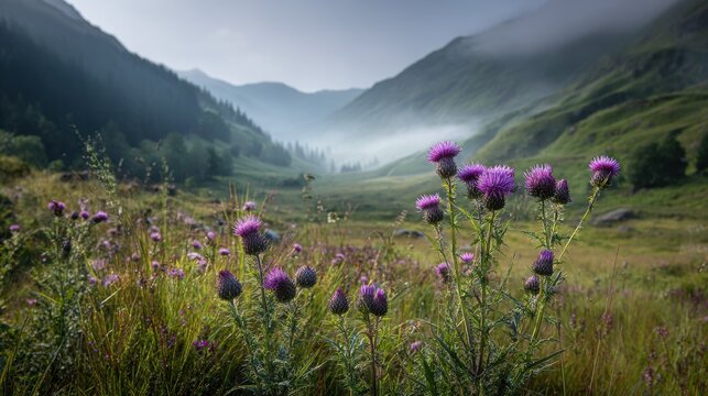 Scottish highland thistle blooms in misty glen with morning light
