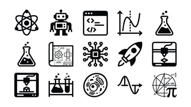 A collection of diverse science and technology related icons representing innovation and discovery with clear black outlines on a white background