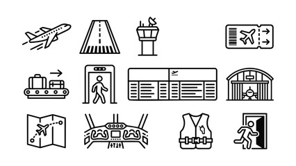 A diverse collection of black line art icons representing various airport and aviation elements for travel and transportation themes © Nayon
