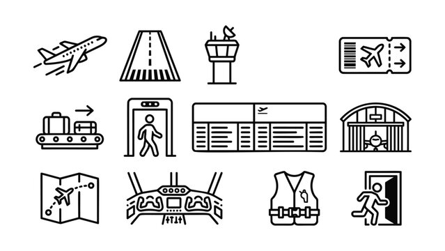 A diverse collection of black line art icons representing various airport and aviation elements for travel and transportation themes