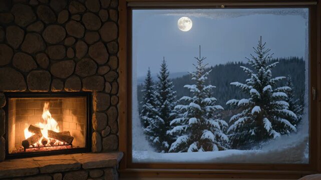 Cozy Fireplace View of Snow Covered Forest and Moonlit Winter Night. Seamless looping 4k video background