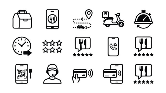 Collection of black line art icons representing food delivery services including a lunchbox smartphone with cutlery navigation scooter timer clock star ratings call and payment methods