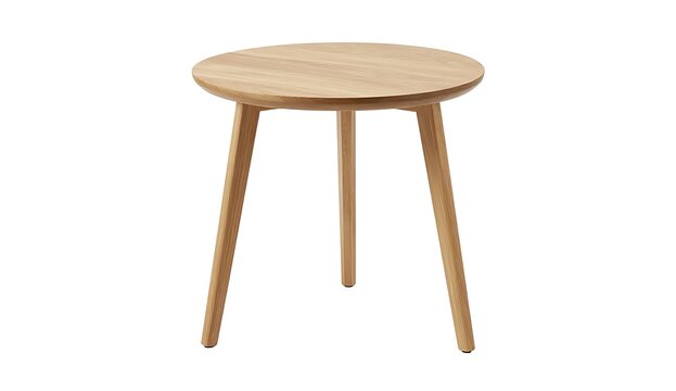 Minimalist wooden stool with round seat and three tapered legs on white background