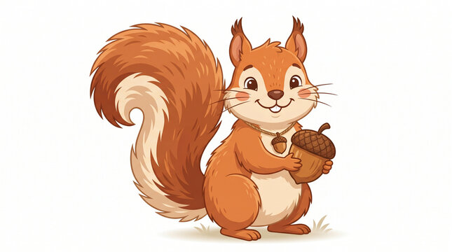 Whimsical Squirrel with Acorn: A charming cartoon squirrel, with a bushy tail and a cheerful expression, holds a single acorn, rendered in a delightful illustration style.