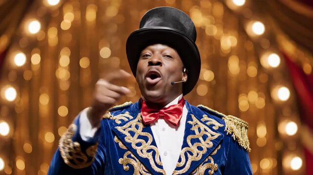 An expressive Black male ringmaster wearing a traditional blue and gold embroidered jacket with a red bowtie speaks passionately under glowing circus lights on a golden stage