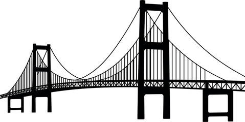 Fototapeta premium Suspension bridge silhouette vector icon with detailed steel cables and towers isolated on transparent white background for graphic design