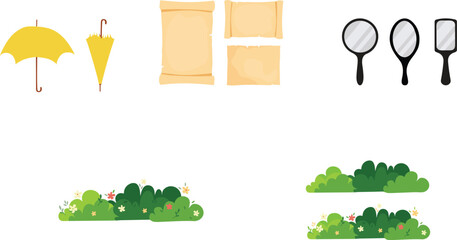 Yellow umbrella set with blank vintage parchment scrolls handheld mirrors and green garden bushes with small flowers vector icon collectionYellow umbrella set with blank vintage parchment scrolls hand © Snowar