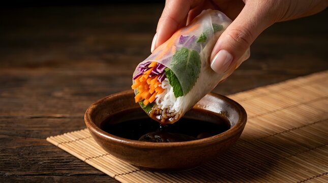 Hand dipping fresh Vietnamese summer rolls with colorful vegetables into a soy sauce bowl