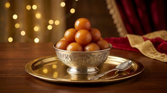 Traditional gulab jamun sweets in an ornate silver bowl on a golden tray with festive bokeh