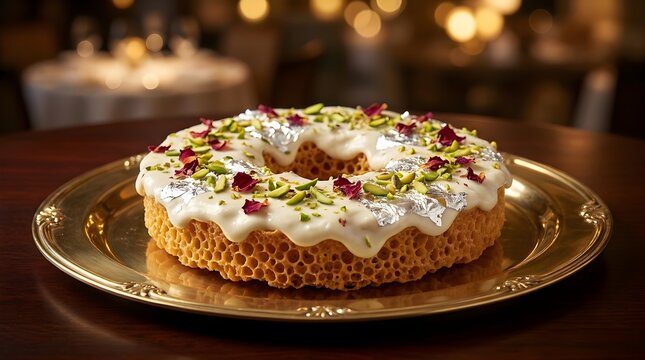 Traditional Indian Malai Ghevar sweet with silver foil and pistachios on a golden platter