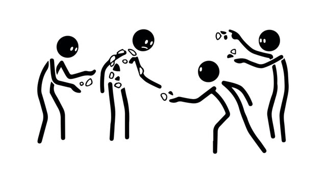 Stick figure concept illustration showing person sharing stones helping another individual with support and kindness interaction between characters on background.
