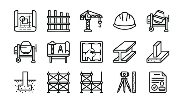 Construction equipment and building materials collection showing planning design safety and measurement tools isolated on transparent background