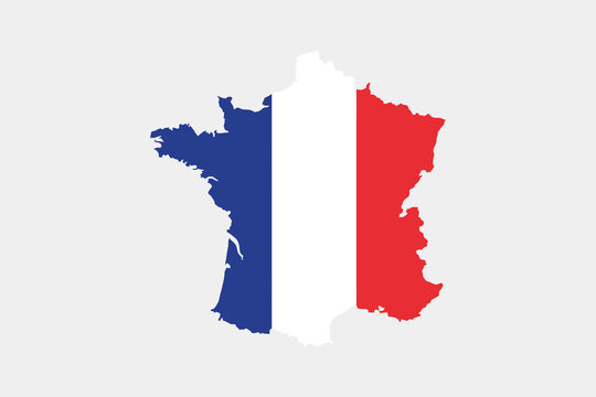 france map outlined with flag, french national banner, western european country symbol silhouette on gray backdrop.