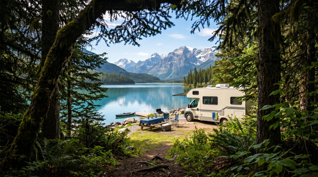 Camper van by mountain lake through forest