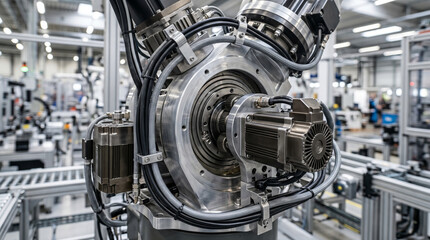 Obraz premium Industrial robotic arm close-up in factory