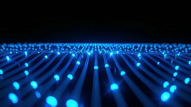 Fiber optics glowing blue data lines transmitting digital information streams in a dynamic motion video background for technology concepts