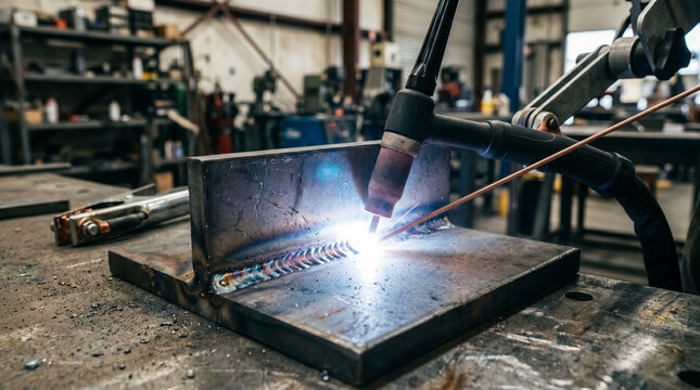 TIG welding metal plate in workshop