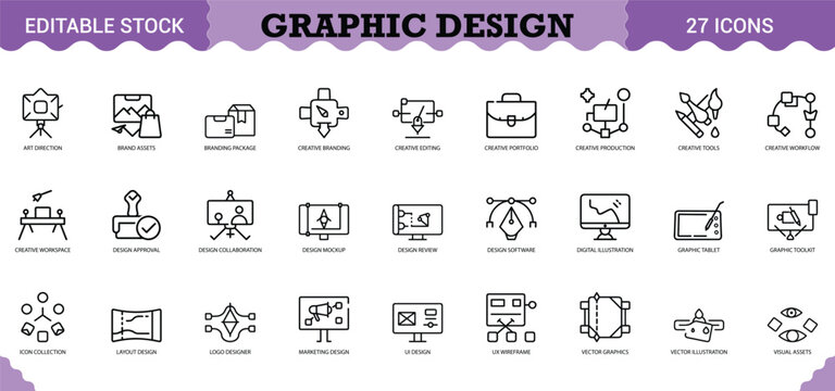 Graphic Design Icon Set - 27 Editable Vector Icons for Creative Professionals. Includes art direction, branding, creative workflow, design collaboration, UI/UX design, vector graphics, digital illustr