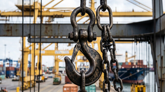 Port crane hook and chain in shipping yard