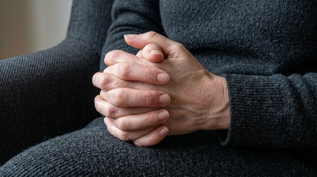 Close up of elderly hands clasped together on a dark knitted sweater, expressing emotion and contemplation