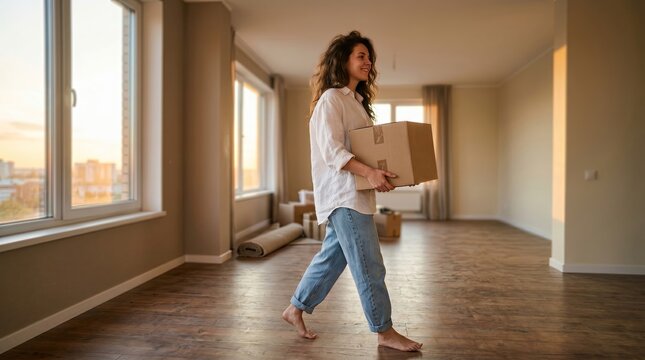 Young woman carrying a moving box through an empty sunlit apartment