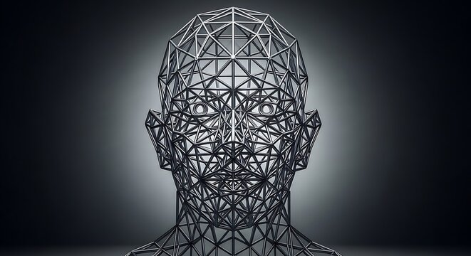 Abstract wireframe human head model made of connected glowing metal lines