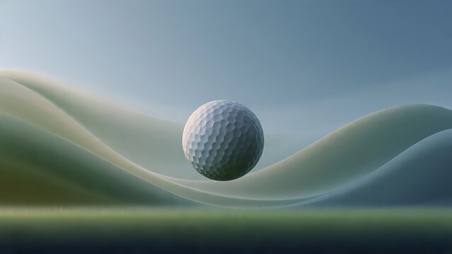 Golf ball on green grass hills.