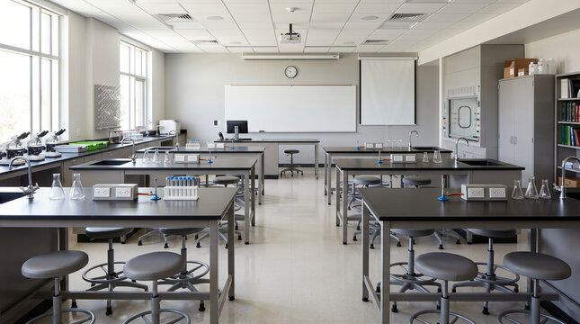 Empty science classroom with laboratory tables