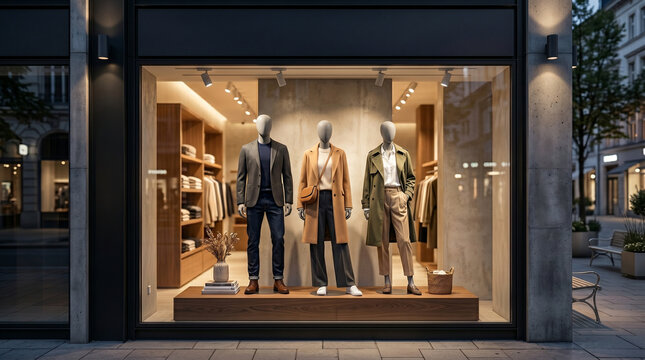 Modern clothing store window display with mannequins