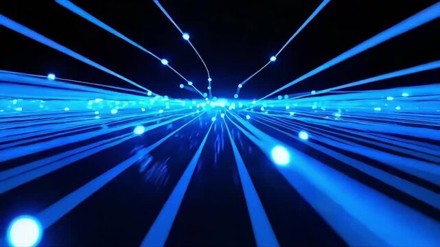 Fiber optics glowing bright blue light rays moving rapidly across a dark background representing high speed digital data motion video