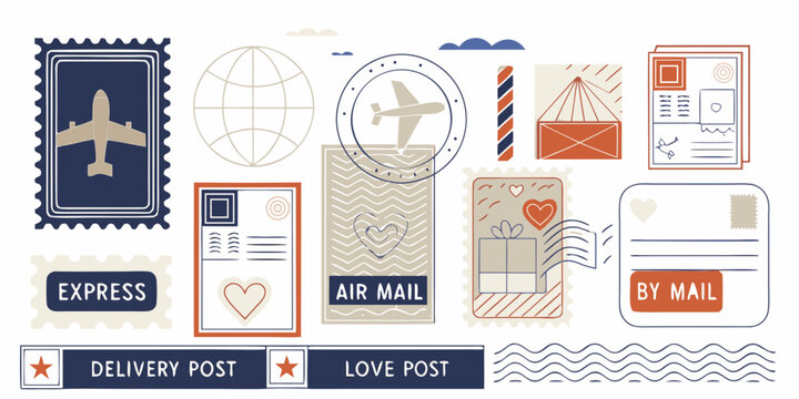 Vintage postage stamps and mail elements colorful vector illustration