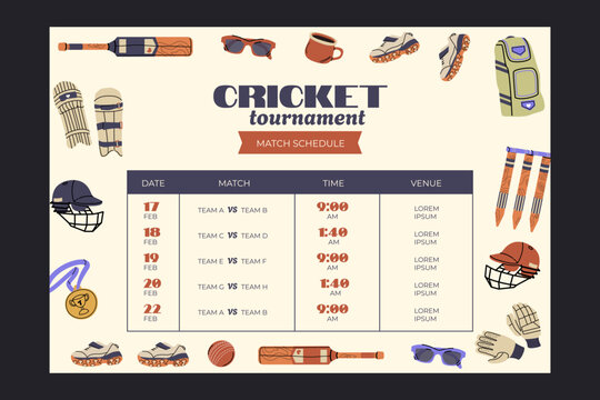 Vector template for a cricket tournament match schedule. Includes flat icons (helmet, bat, ball), clean editable table, vintage style. Perfect for flyers, posters, sports events